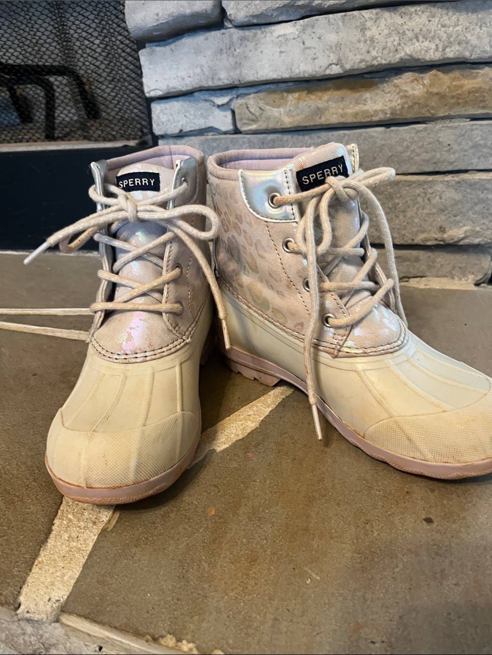 Sperry Iridescent Light Pink and Cream Duck Boots
